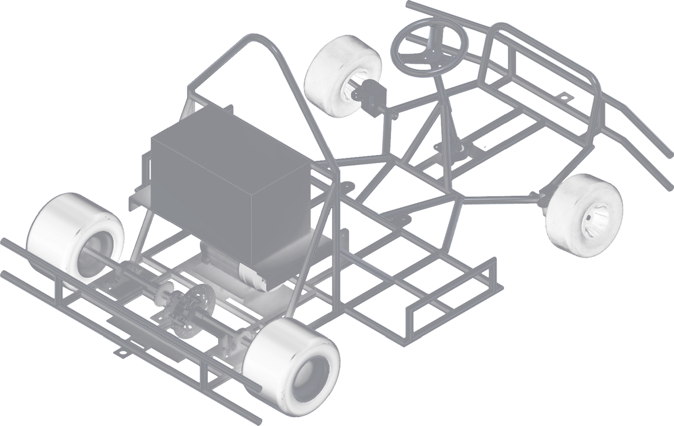 Isometric CAD render of the Apex Racing kart chassis, showing the frame, battery box, axles and steering.